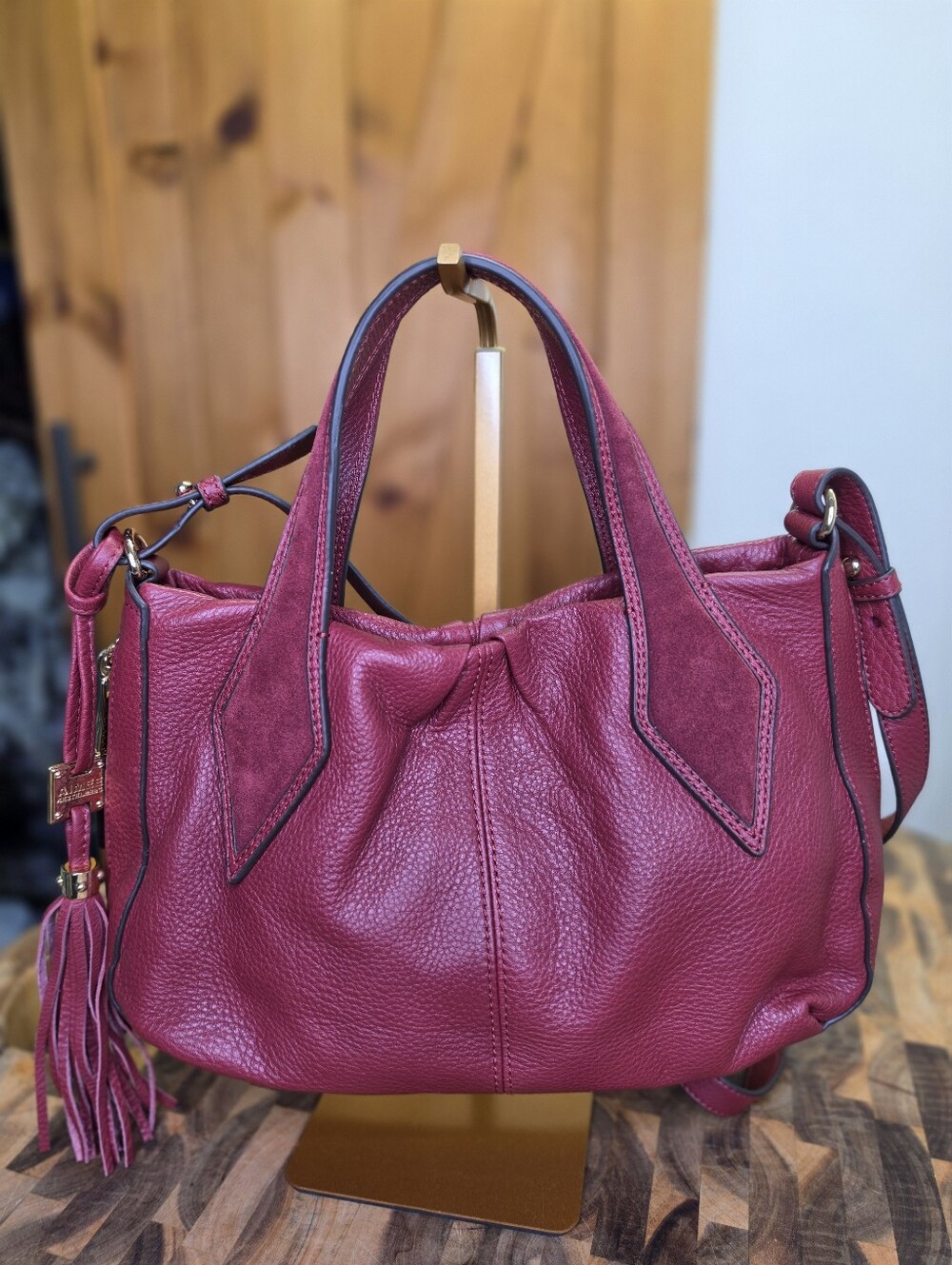 Aimee Kestenberg Raspberry Red Pebbled Leather & Suede Shoulder Bag